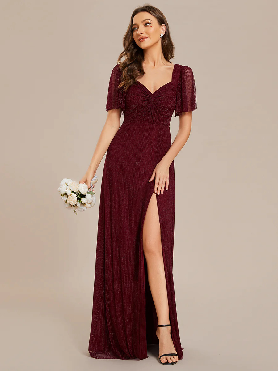 Shiny Maxi Long V-Neck Short Sleeves Bridesmaid Dress #EMES02004