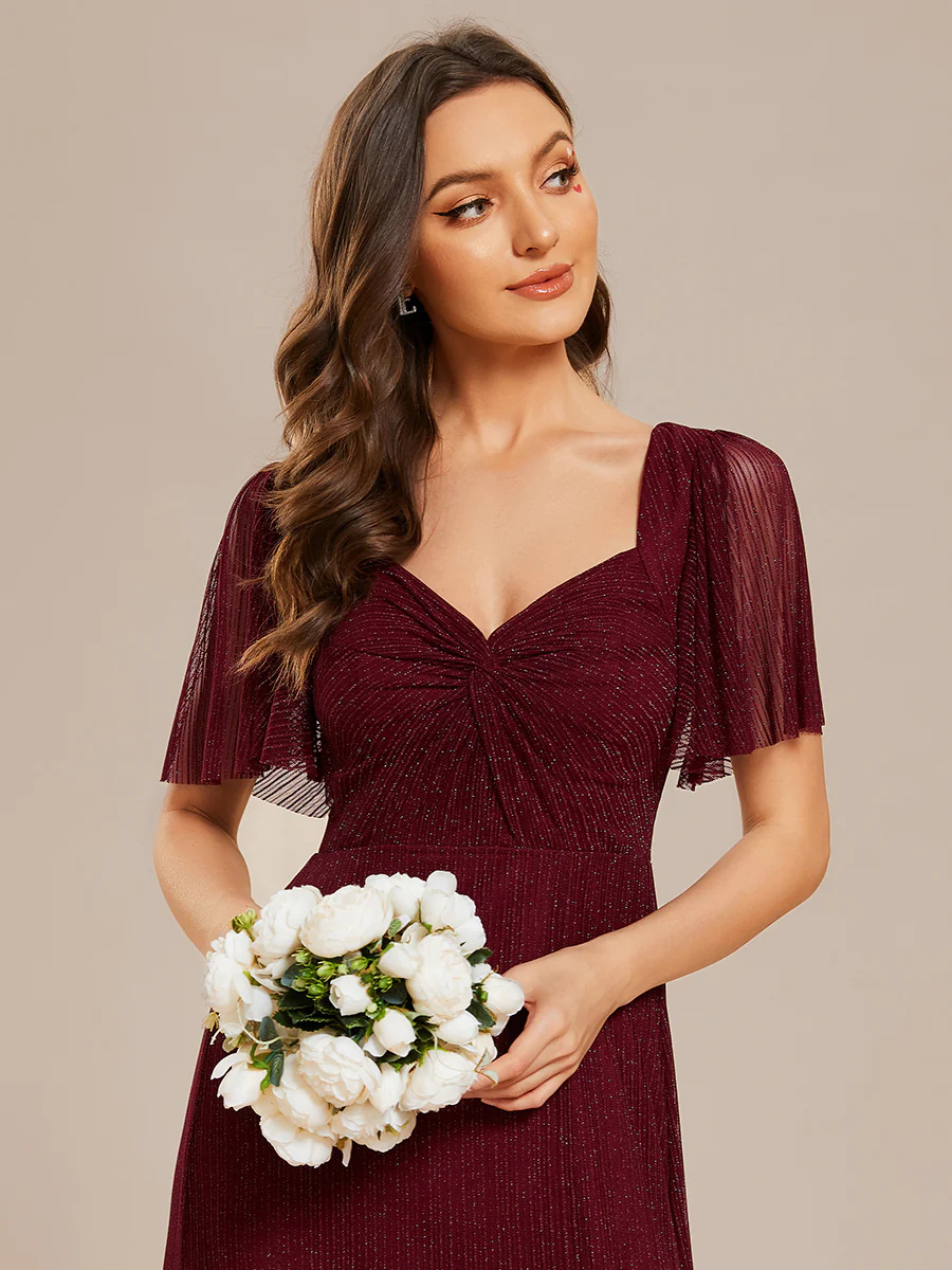 Shiny Maxi Long V-Neck Short Sleeves Bridesmaid Dress #EMES02004