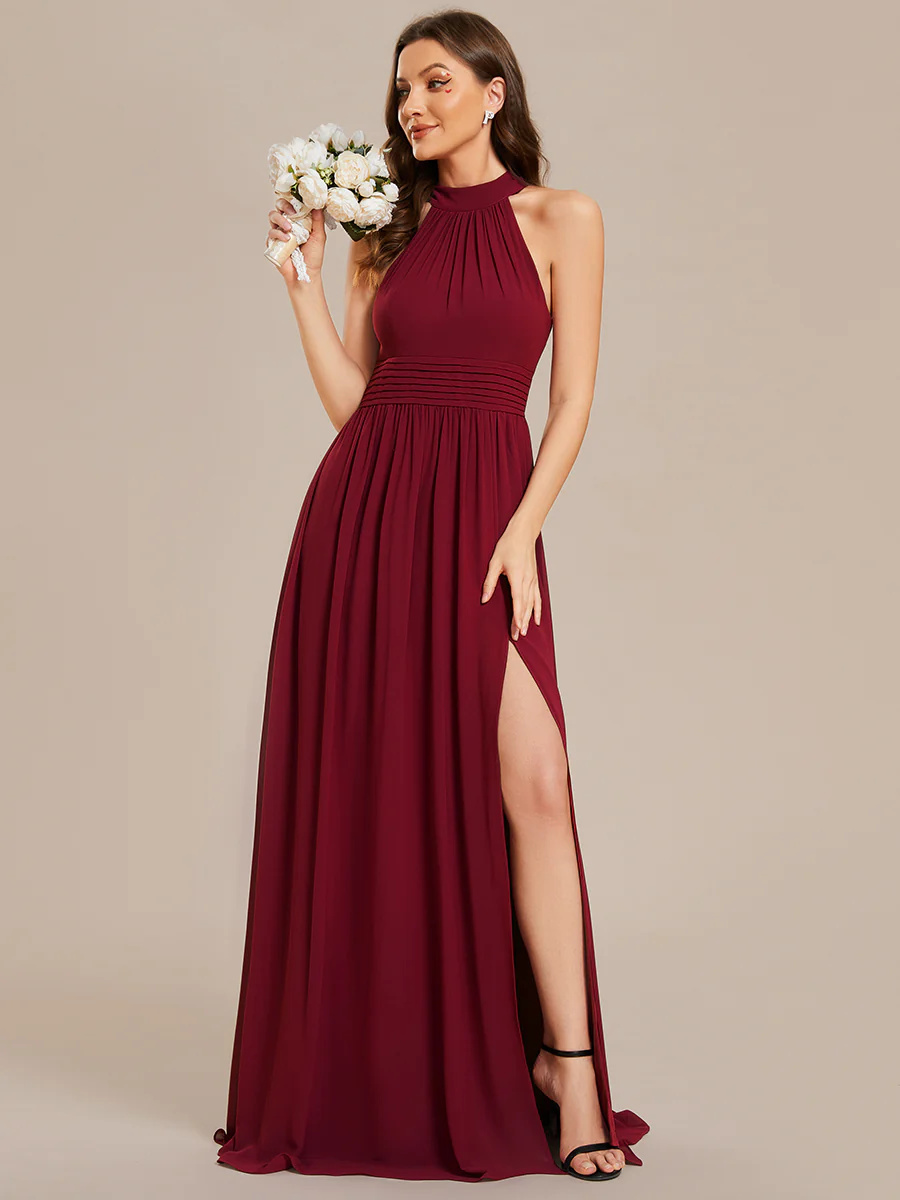 Halter Neckline Chiffon Sleeveless Bridesmaid Dress #EMES02014