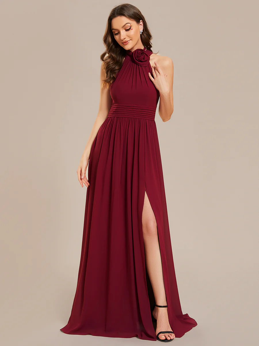 Halter Neckline Chiffon Sleeveless Bridesmaid Dress #EMES02014