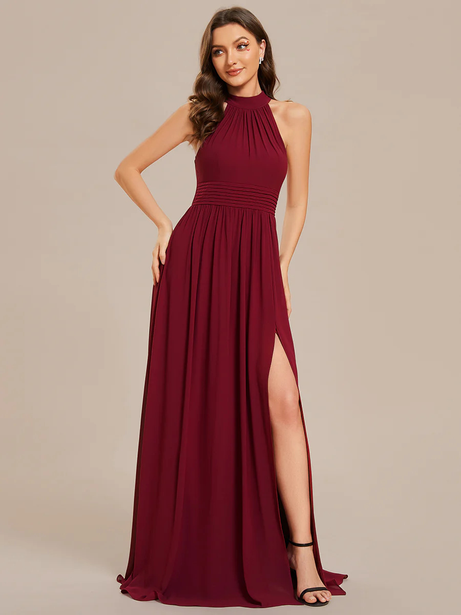 Halter Neckline Chiffon Sleeveless Bridesmaid Dress #EMES02014