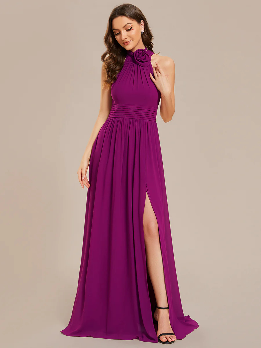 Halter Neckline Chiffon Sleeveless Bridesmaid Dress #EMES02014