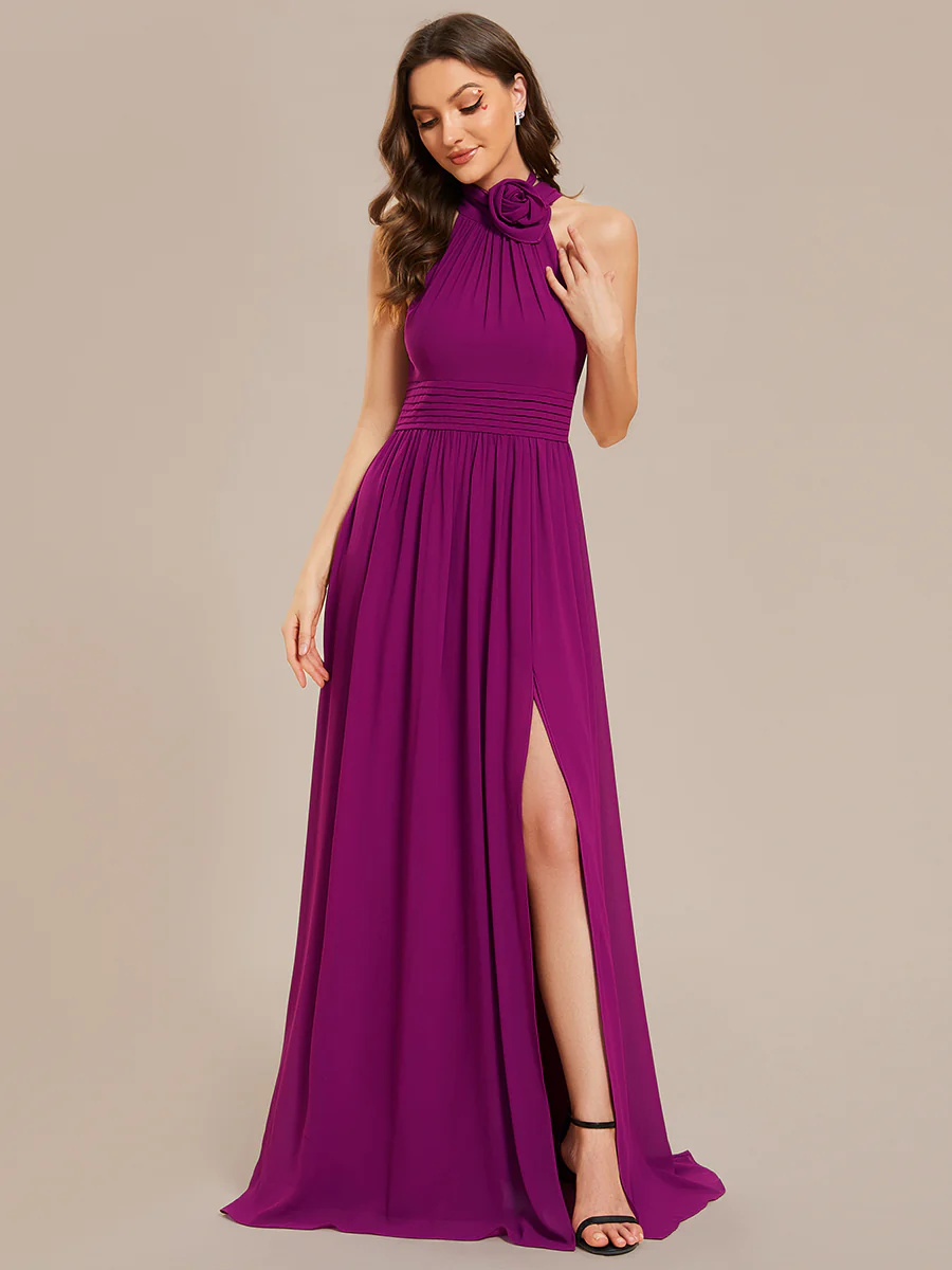Halter Neckline Chiffon Sleeveless Bridesmaid Dress #EMES02014