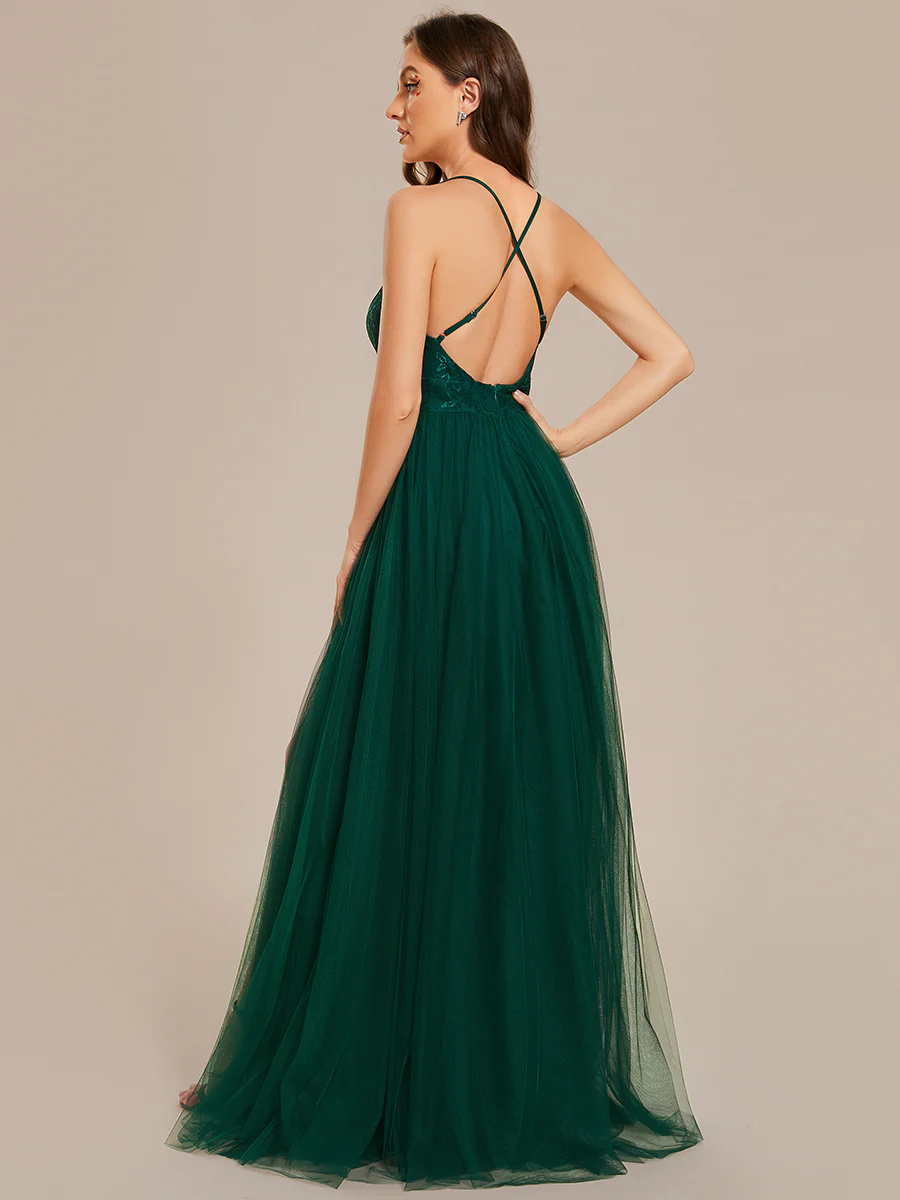 V-Neck Spaghetti Straps Sleeveless Embroidery Bridesmaid Dress #EMES02015
