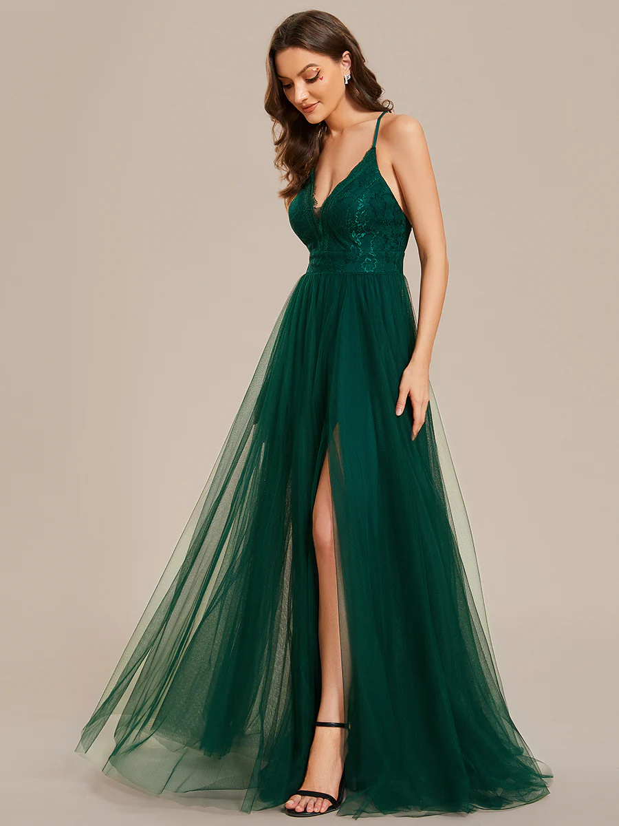 V-Neck Spaghetti Straps Sleeveless Embroidery Bridesmaid Dress #EMES02015