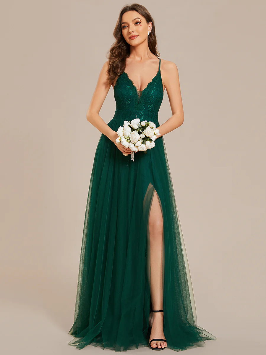V-Neck Spaghetti Straps Sleeveless Embroidery Bridesmaid Dress