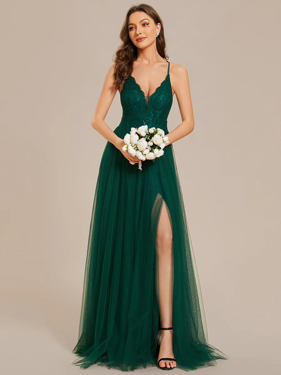 V-Neck Spaghetti Straps Sleeveless Embroidery Bridesmaid Dress