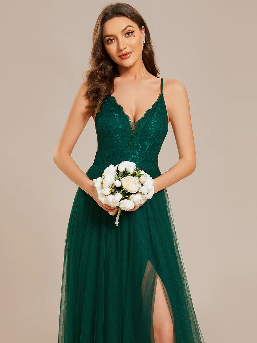V-Neck Spaghetti Straps Sleeveless Embroidery Bridesmaid Dress #EMES02015