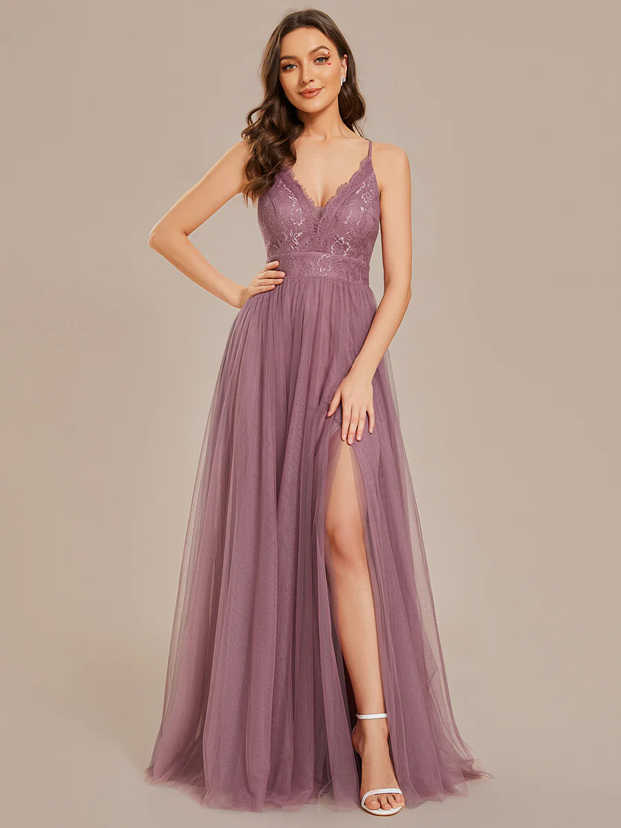 V-Neck Spaghetti Straps Sleeveless Embroidery Bridesmaid Dress #EMES02015