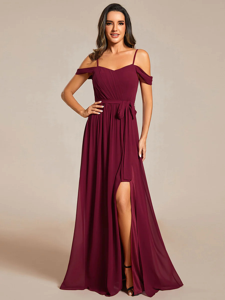Stunning Chiffon Cold Shoulder Bowknot Bridesmaid Dress With Side Spli