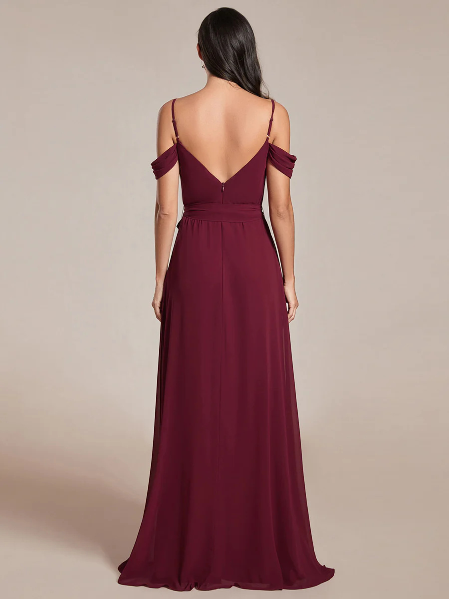 Stunning Chiffon Cold Shoulder Bowknot Bridesmaid Dress With Side Split #EMES02076