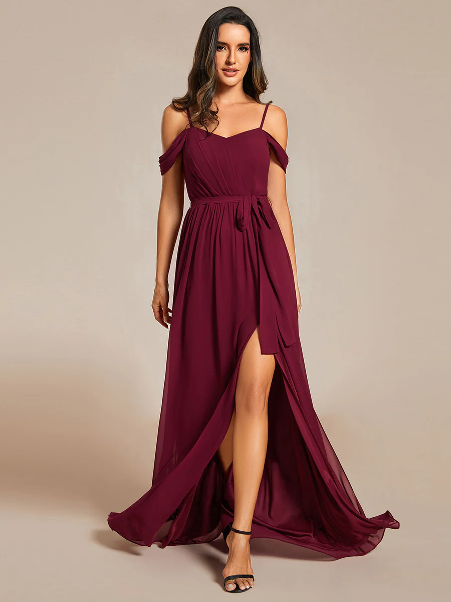 Stunning Chiffon Cold Shoulder Bowknot Bridesmaid Dress With Side Split #EMES02076