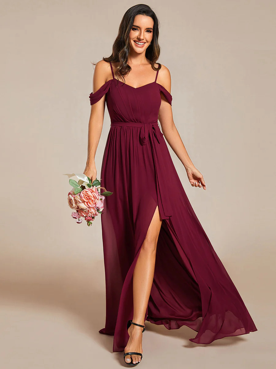 Stunning Chiffon Cold Shoulder Bowknot Bridesmaid Dress With Side Split #EMES02076