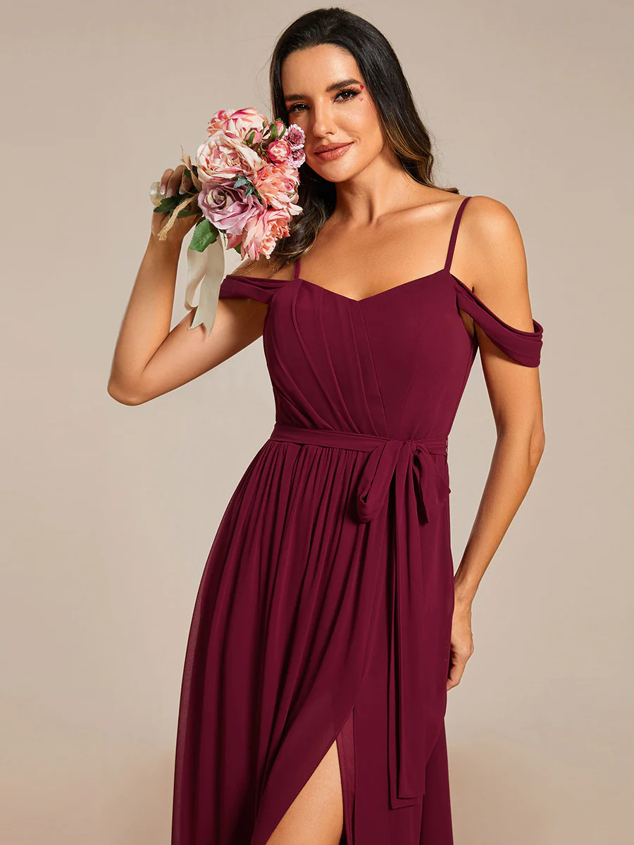 Stunning Chiffon Cold Shoulder Bowknot Bridesmaid Dress With Side Split #EMES02076