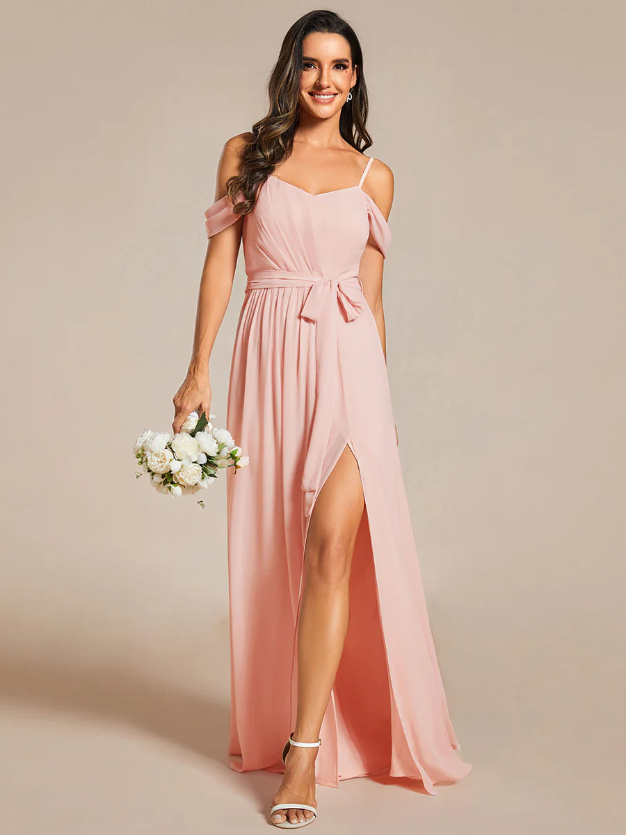 Stunning Chiffon Cold Shoulder Bowknot Bridesmaid Dress With Side Split #EMES02076