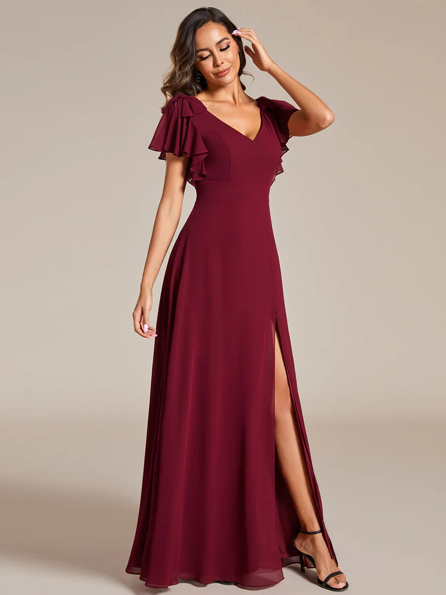 V-neck Split Ruffles Sleeves Bowknot Chiffon Bridesmaid Dress #EMES02080