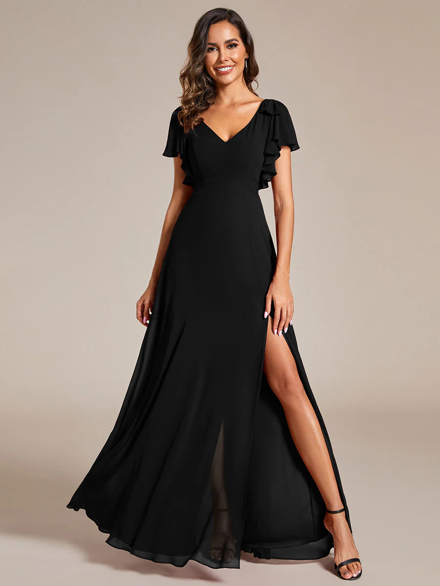 V-neck Split Ruffles Sleeves Bowknot Chiffon Bridesmaid Dress #EMES02080