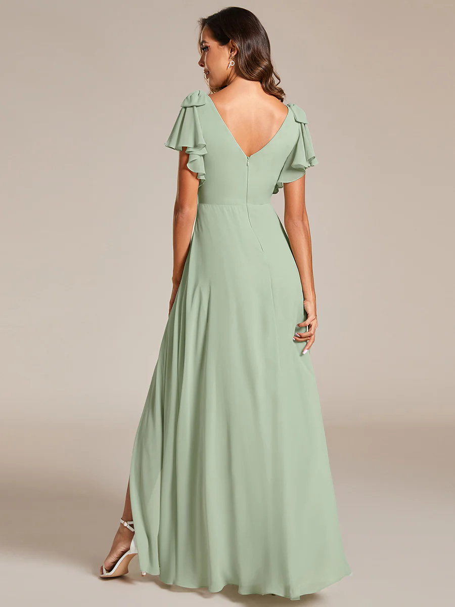 V-neck Split Ruffles Sleeves Bowknot Chiffon Bridesmaid Dress #EMES02080