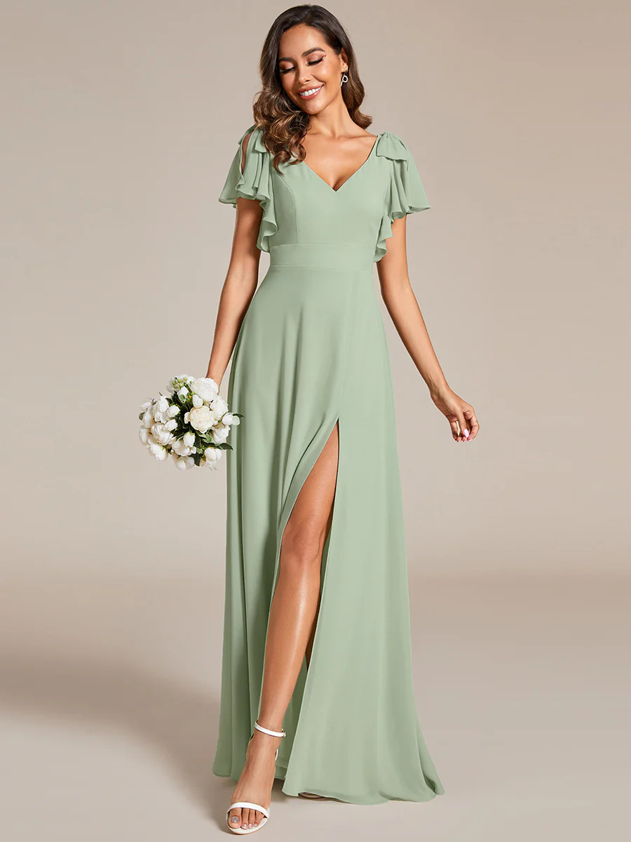 V-neck Split Ruffles Sleeves Bowknot Chiffon Bridesmaid Dress #EMES02080