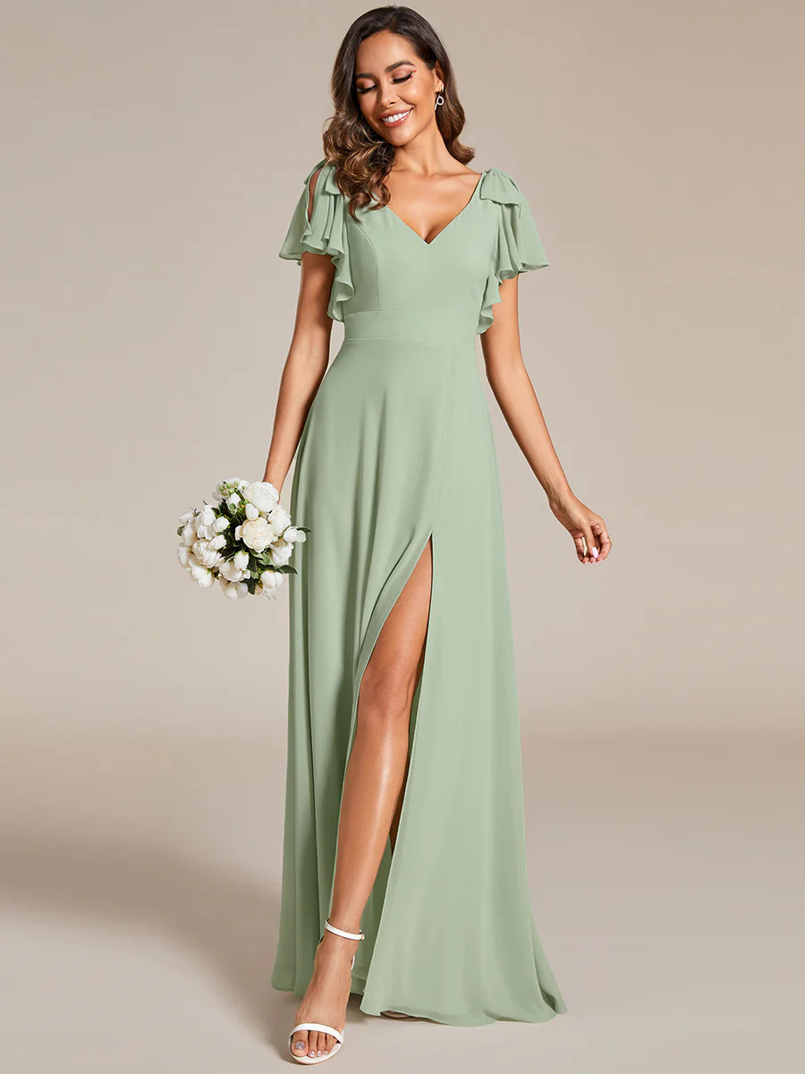 V-neck Split Ruffles Sleeves Bowknot Chiffon Bridesmaid Dress #EMES02080
