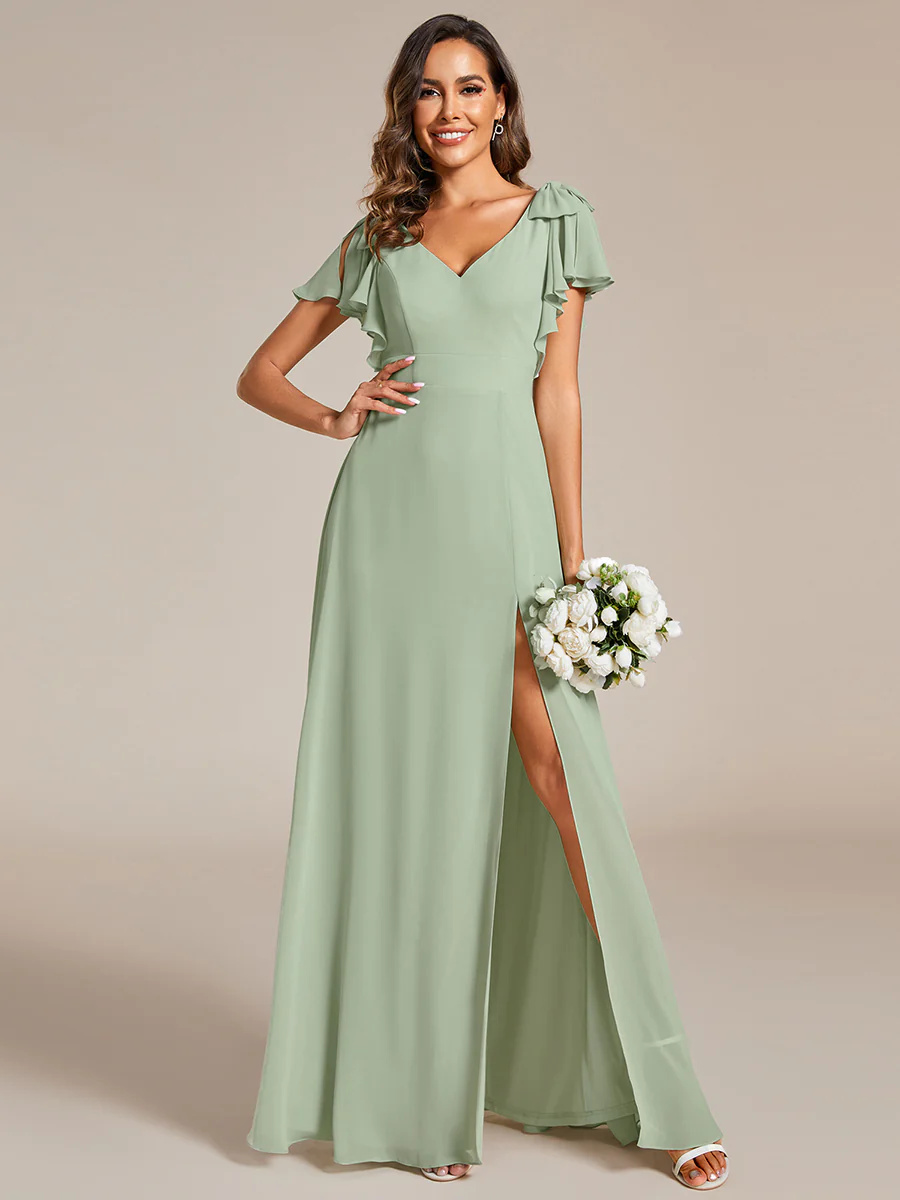 V-neck Split Ruffles Sleeves Bowknot Chiffon Bridesmaid Dress #EMES020