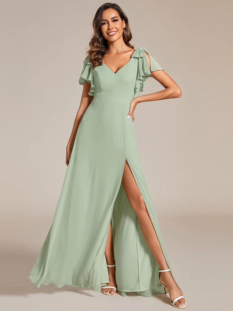 V-neck Split Ruffles Sleeves Bowknot Chiffon Bridesmaid Dress #EMES02080