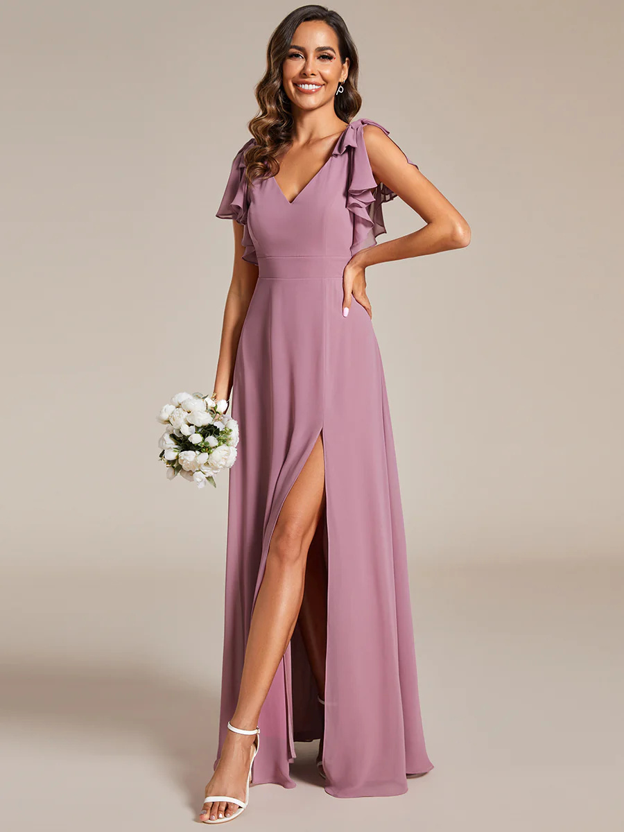 V-neck Split Ruffles Sleeves Bowknot Chiffon Bridesmaid Dress #EMES02080