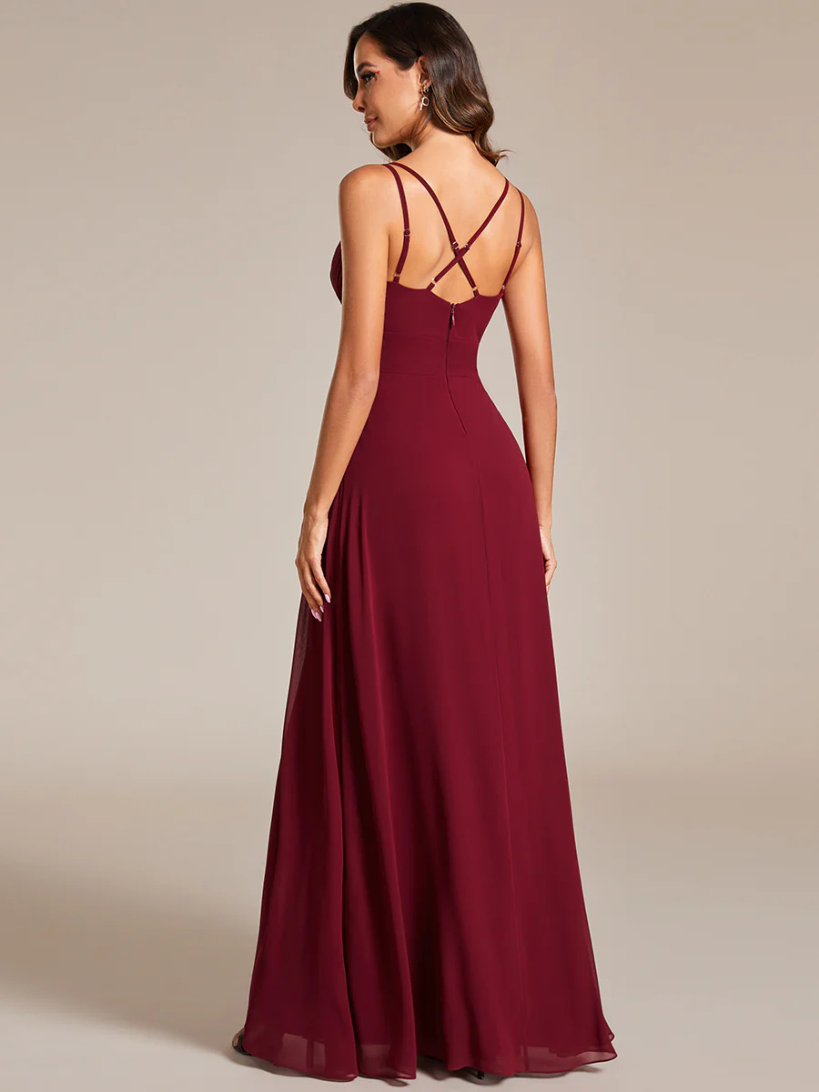 Plunging Neck Split Spaghetti Strap Back X-Cross Bridesmaid Dress #EMES02091