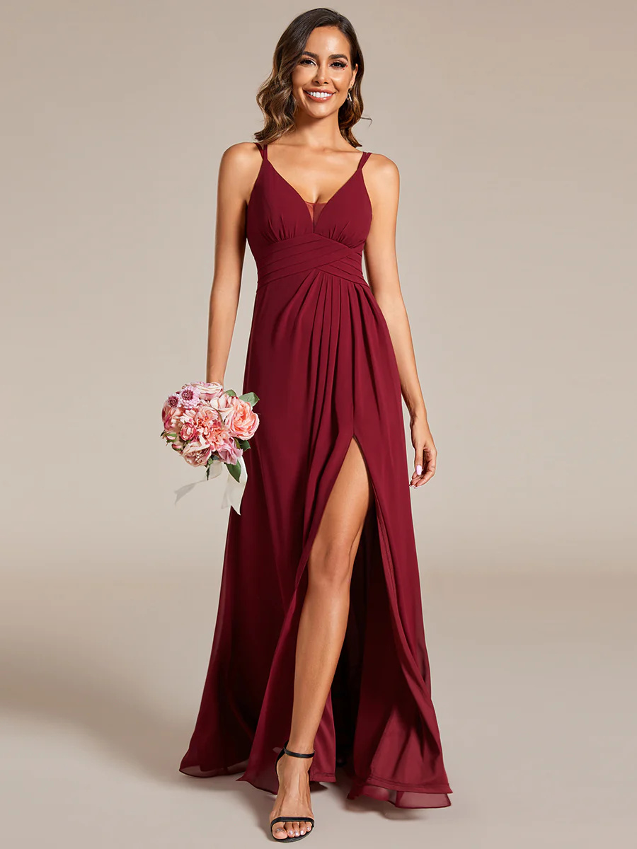 Plunging Neck Split Spaghetti Strap Back X-Cross Bridesmaid Dress #EMES02091