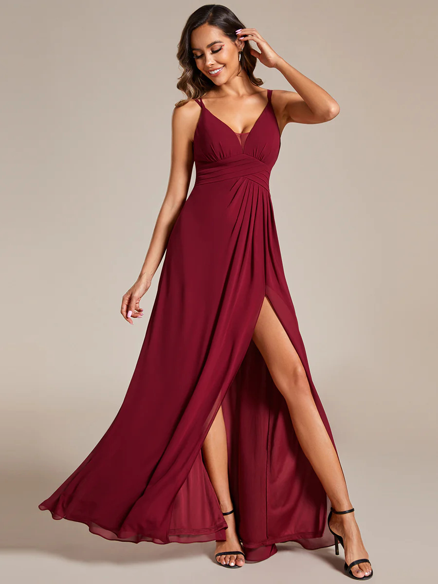 Plunging Neck Split Spaghetti Strap Back X-Cross Bridesmaid Dress #EMES02091