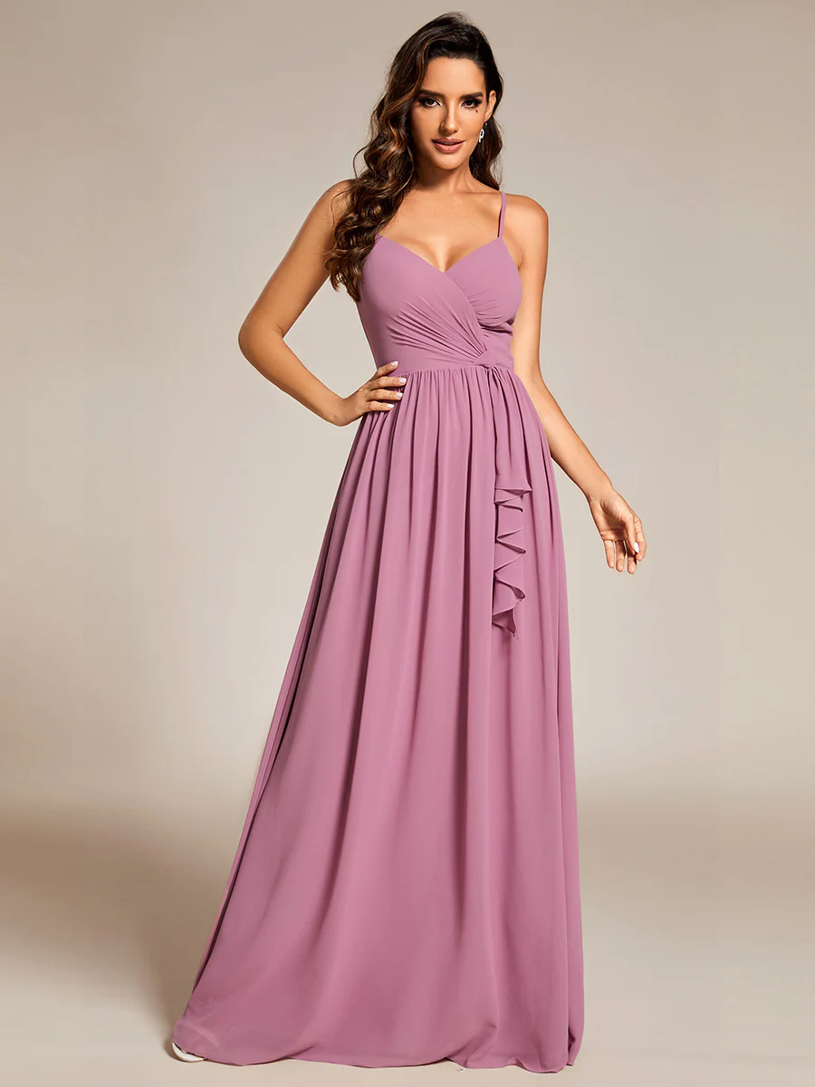 Elegant A-Line Spaghetti Straps Deep V-Neck Ruched Chiffon Bridesmaids Dress #EMES02113