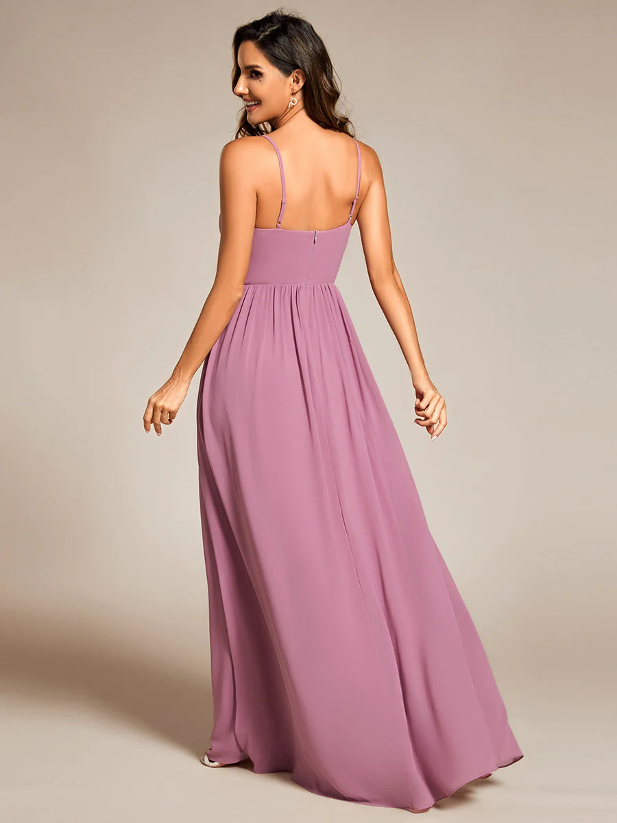 Elegant A-Line Spaghetti Straps Deep V-Neck Ruched Chiffon Bridesmaids Dress #EMES02113