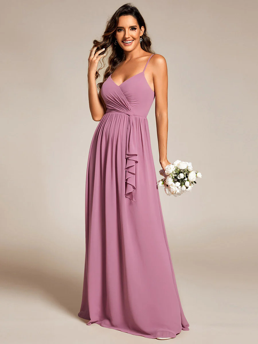 Elegant A-Line Spaghetti Straps Deep V-Neck Ruched Chiffon Bridesmaids Dress #EMES02113