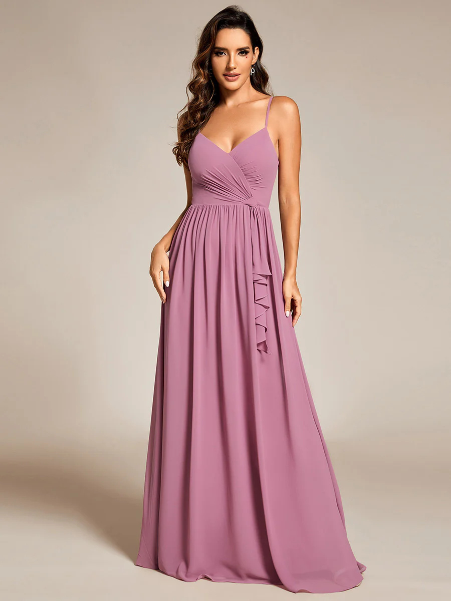 Elegant A-Line Spaghetti Straps Deep V-Neck Ruched Chiffon Bridesmaids Dress #EMES02113