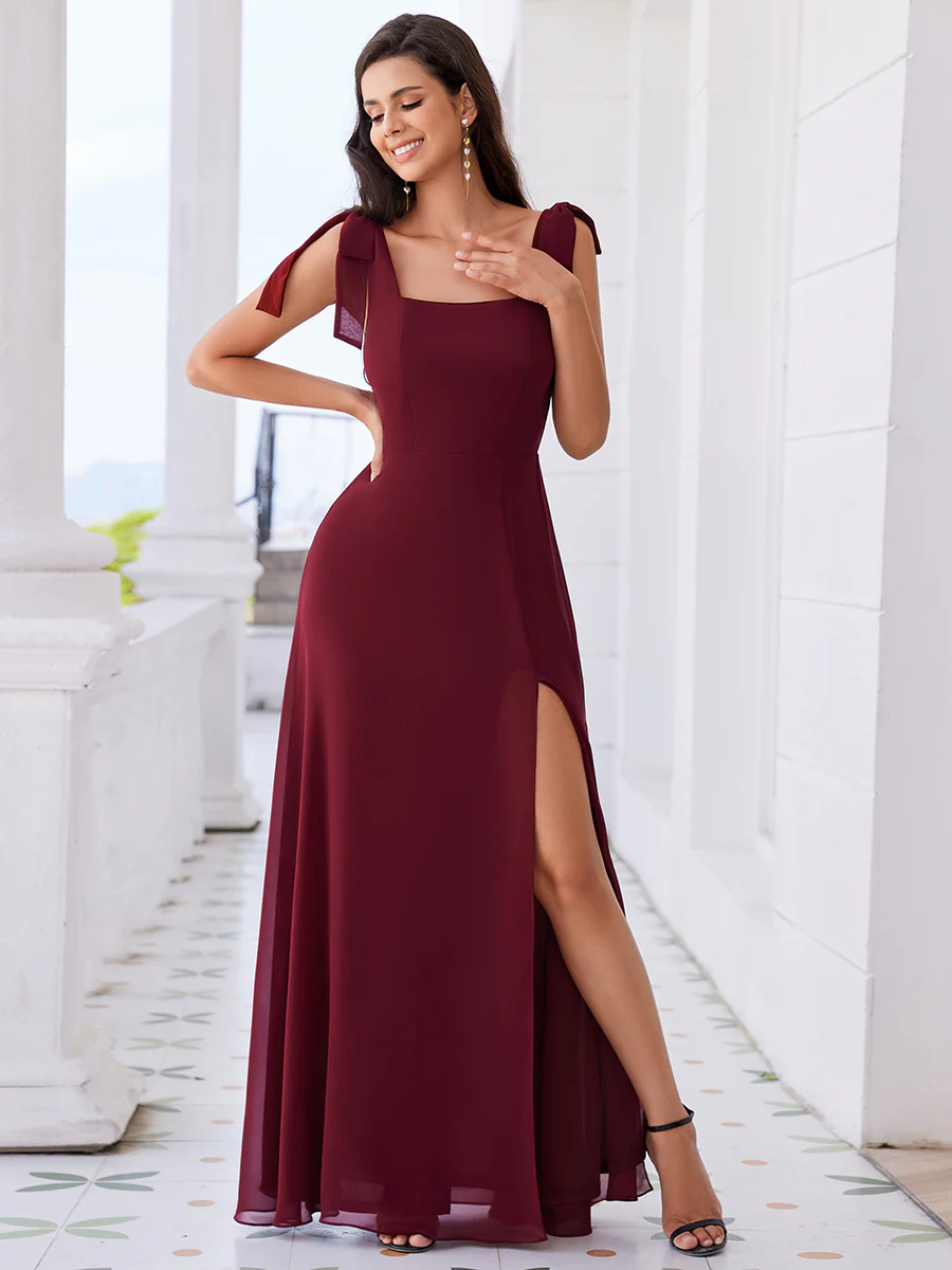 Elegant A-Line binding Square Neckline Chiffon Side Split Bridesmaid Dress #EMES02216