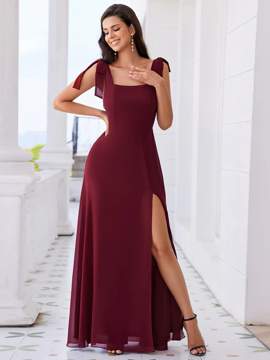 Elegant A-Line binding Square Neckline Chiffon Side Split Bridesmaid Dress #EMES02216