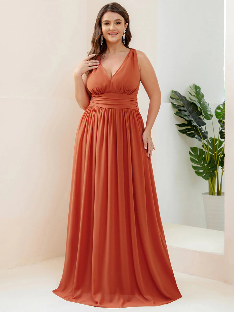 Double V-Neck Chiffon Maxi Long Plus Size Bridesmaid Dress #EMES09018