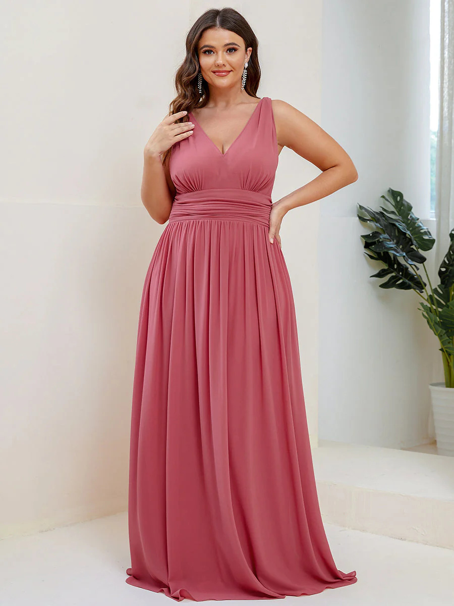 Double V-Neck Chiffon Maxi Long Plus Size Bridesmaid Dress #EMES09018