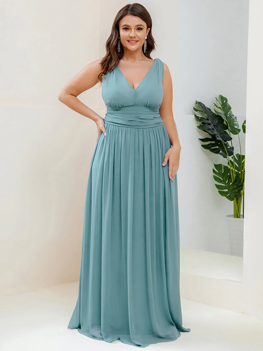 Double V-Neck Chiffon Maxi Long Plus Size Bridesmaid Dress #EMES09018