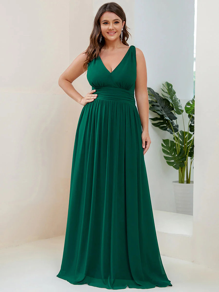 Double V-Neck Chiffon Maxi Long Plus Size Bridesmaid Dress #EMES09018