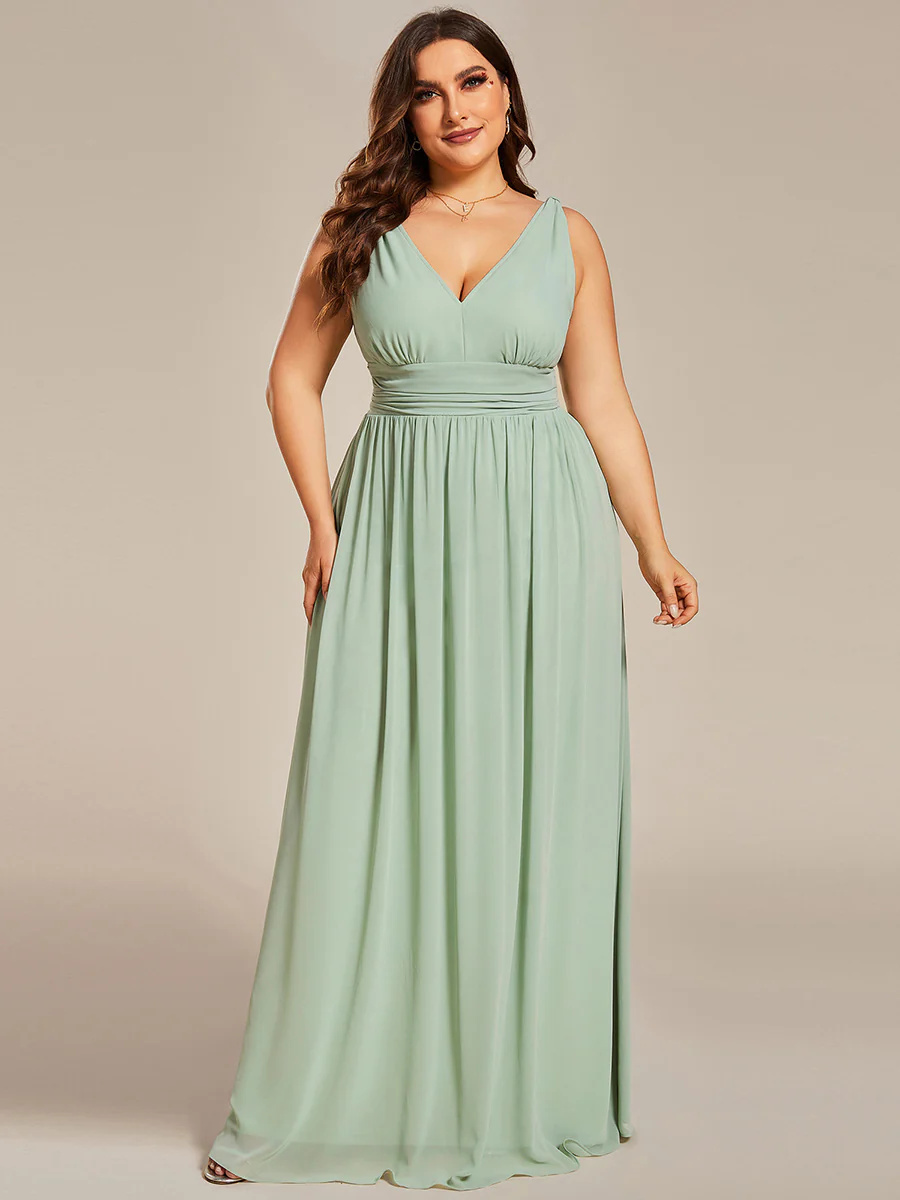 Double V-Neck Chiffon Maxi Long Plus Size Bridesmaid Dress #EMES09018
