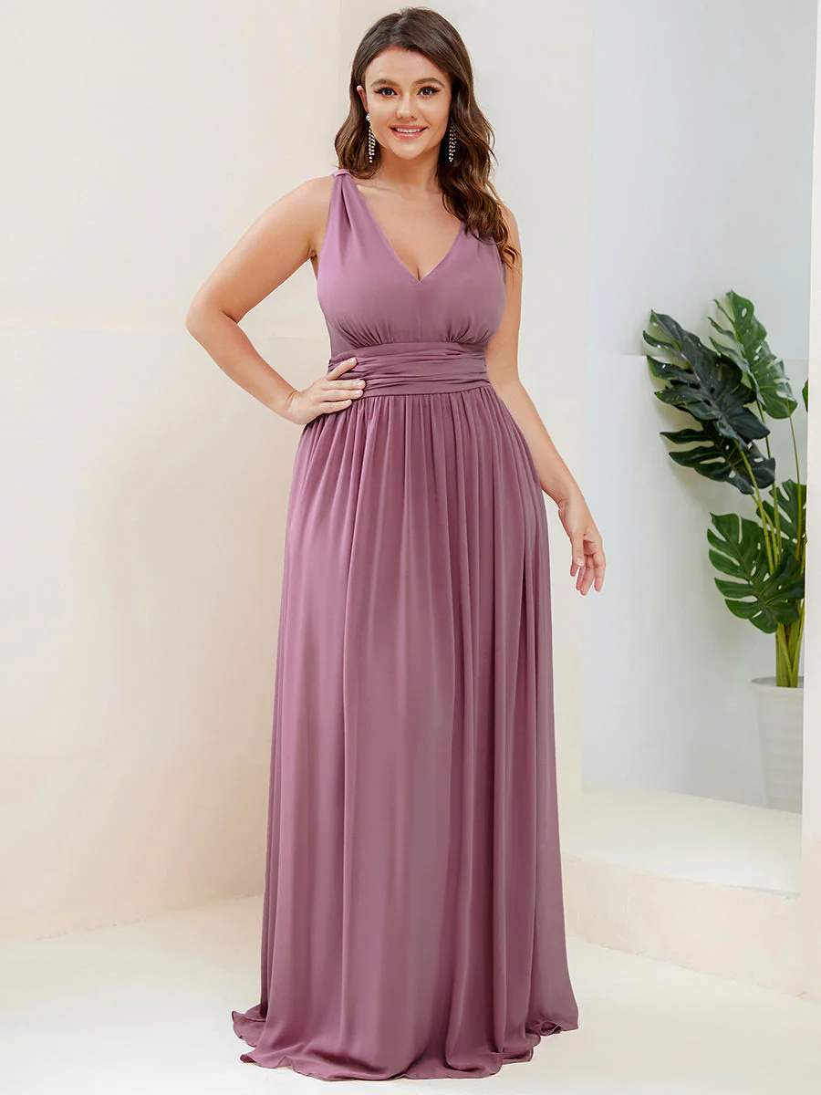 Double V-Neck Chiffon Maxi Long Plus Size Bridesmaid Dress #EMES09018