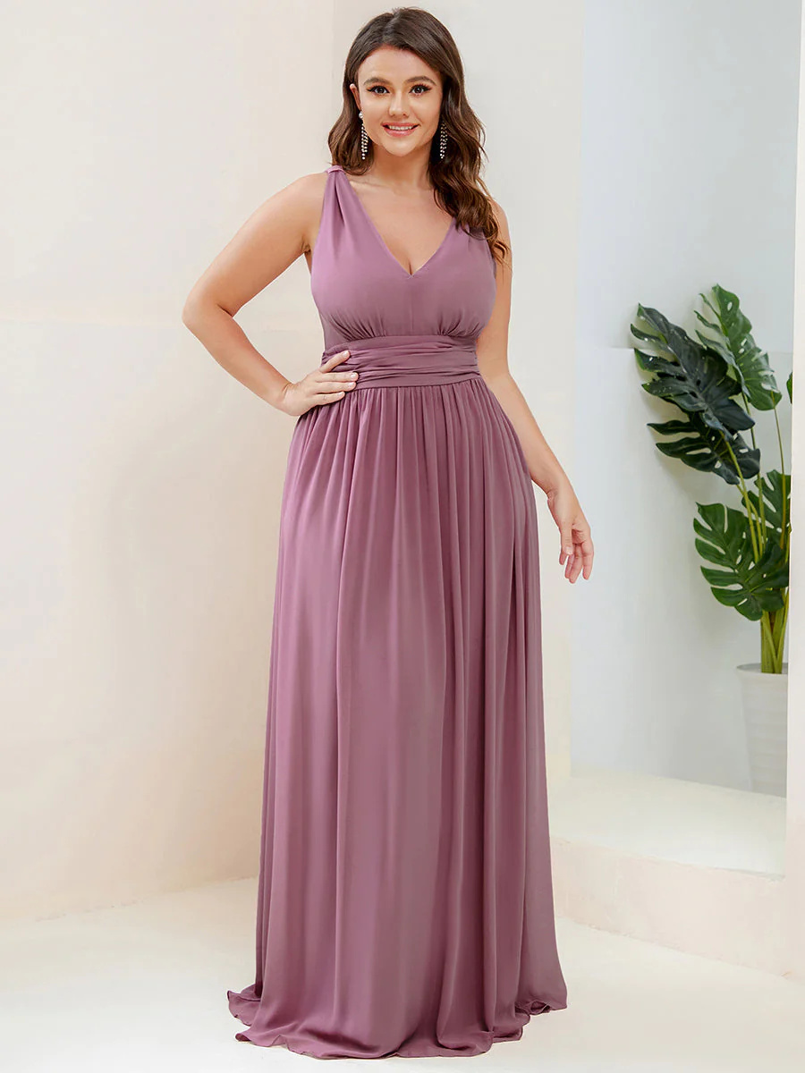 Double V-Neck Chiffon Maxi Long Plus Size Bridesmaid Dress #EMES09018