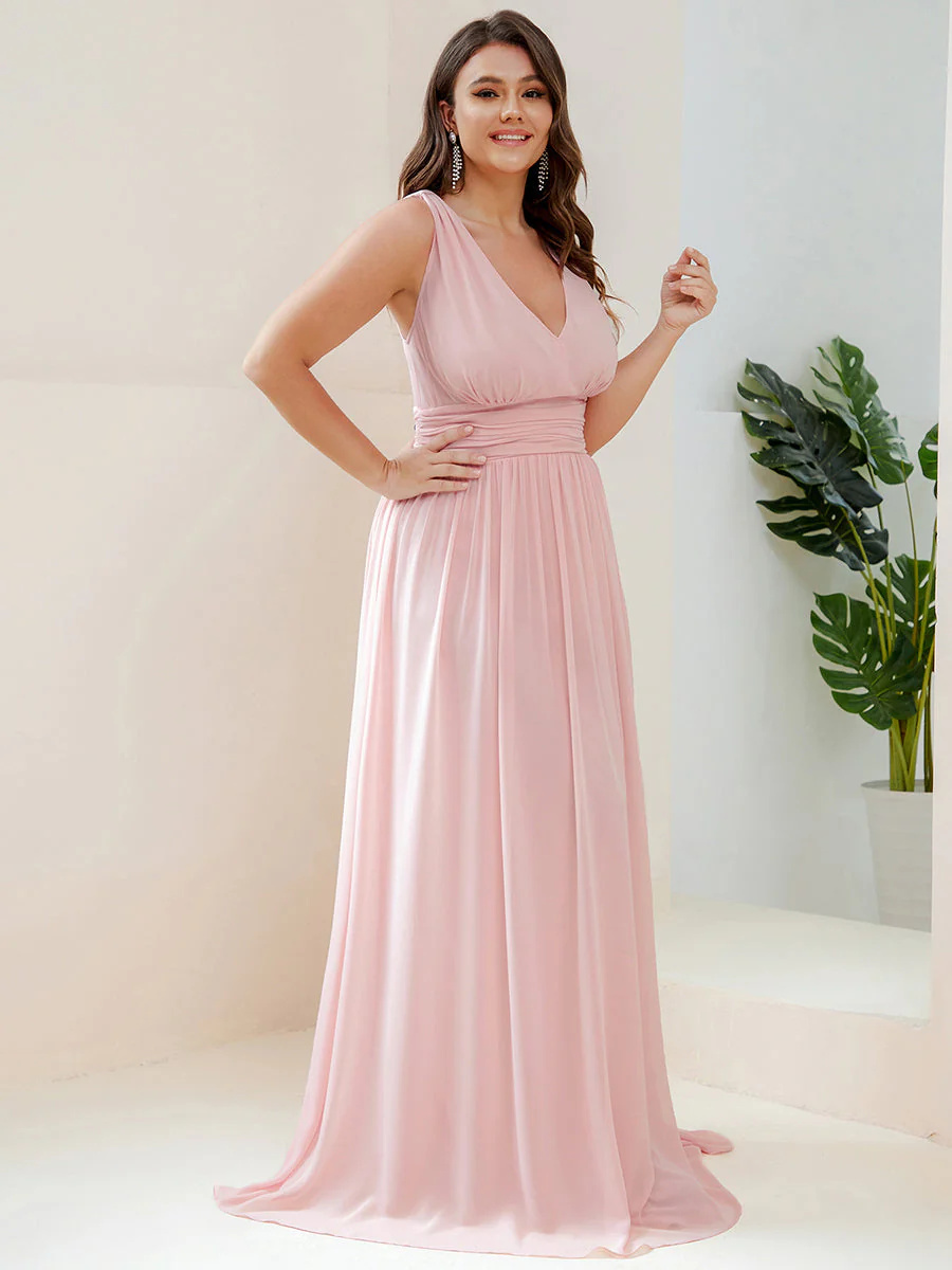 Double V-Neck Chiffon Maxi Long Plus Size Bridesmaid Dress #EMES09018