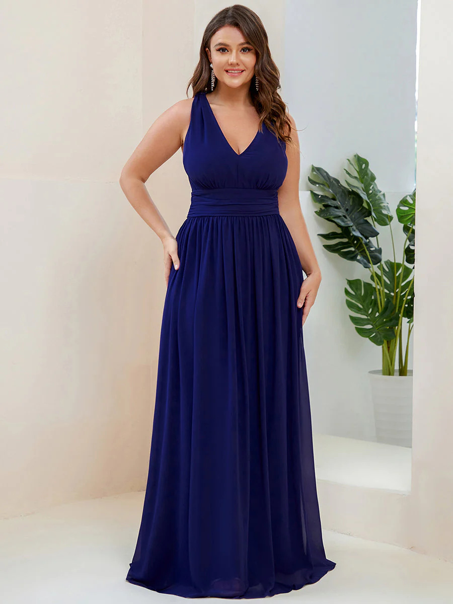Double V-Neck Chiffon Maxi Long Plus Size Bridesmaid Dress #EMES09018