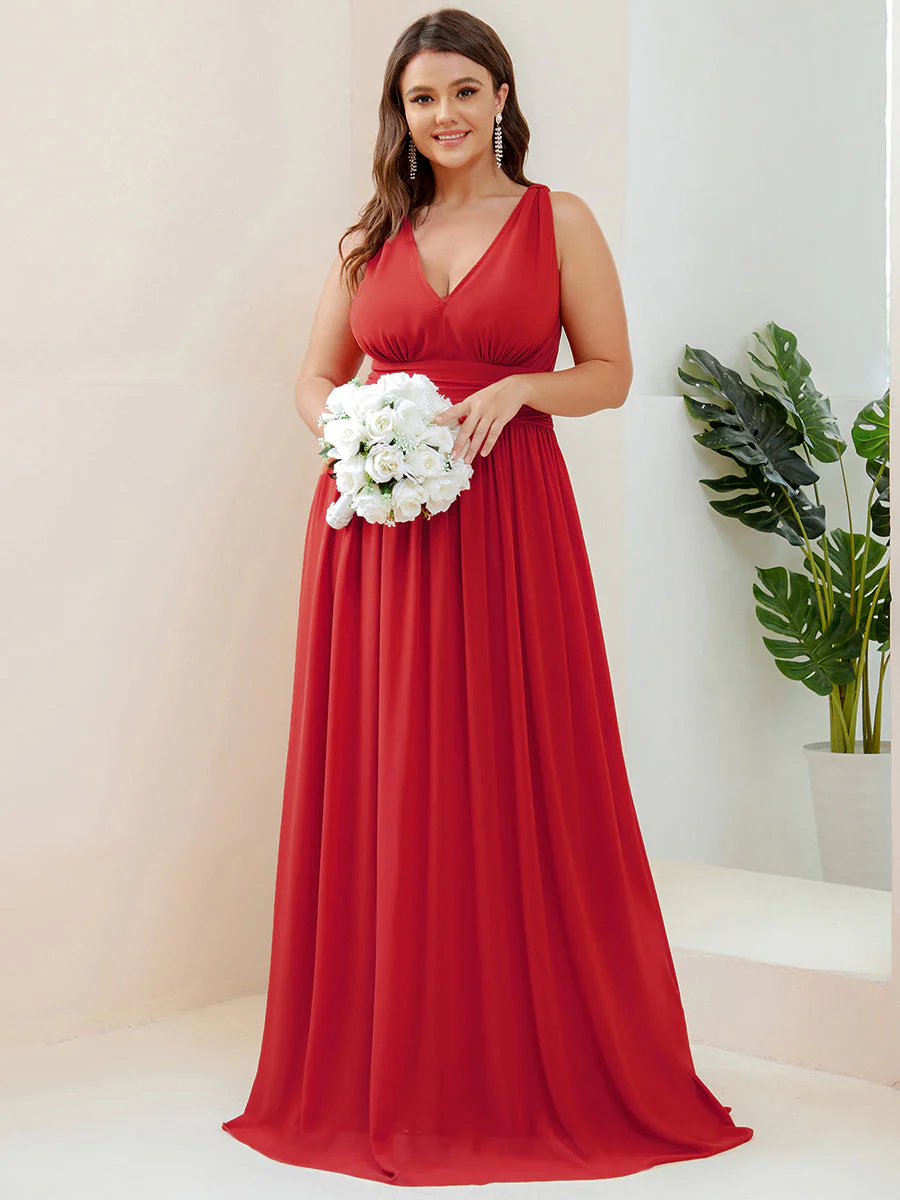 Double V-Neck Chiffon Maxi Long Plus Size Bridesmaid Dress #EMES09018
