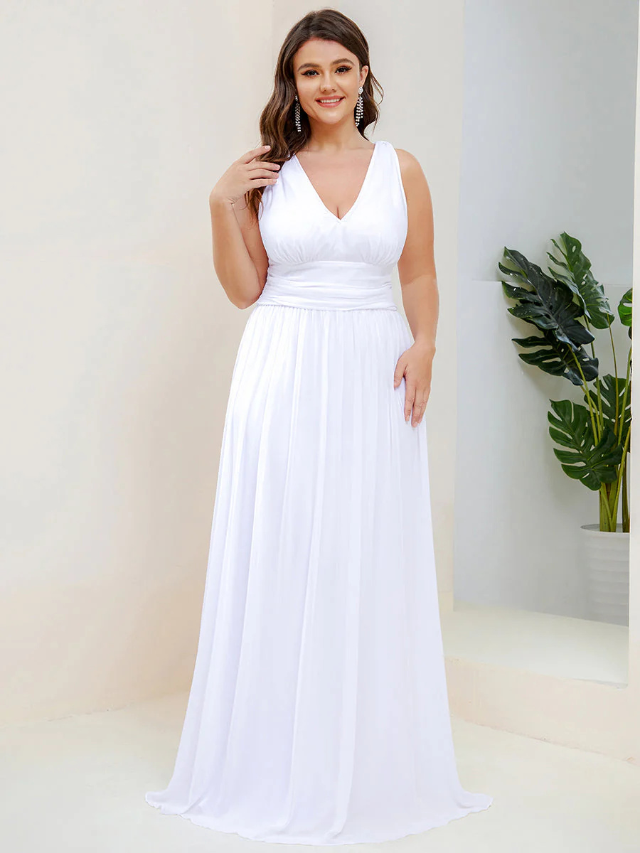 Double V-Neck Chiffon Maxi Long Plus Size Bridesmaid Dress #EMES09018