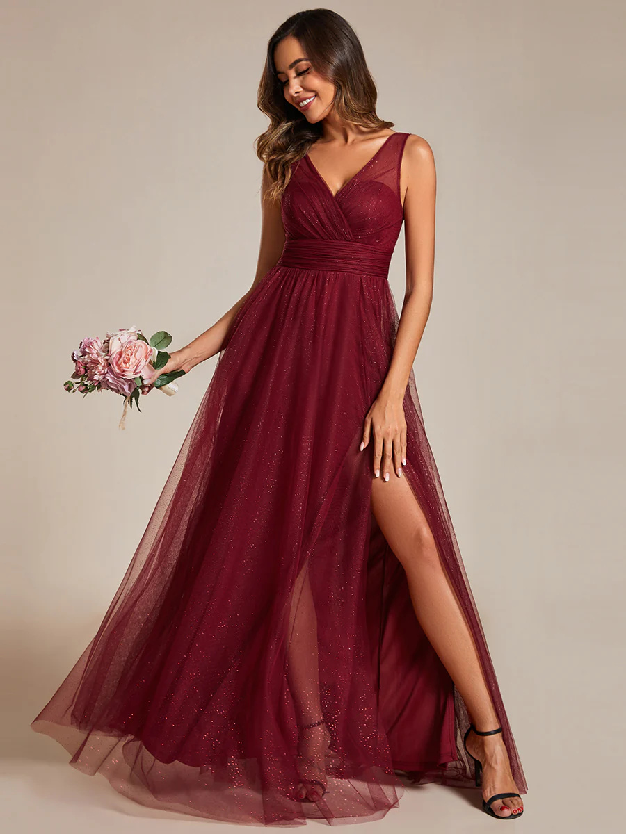 V-neck Spaghetti Strap Sequin Hollow Bridesmaid Dress #EMESS0014