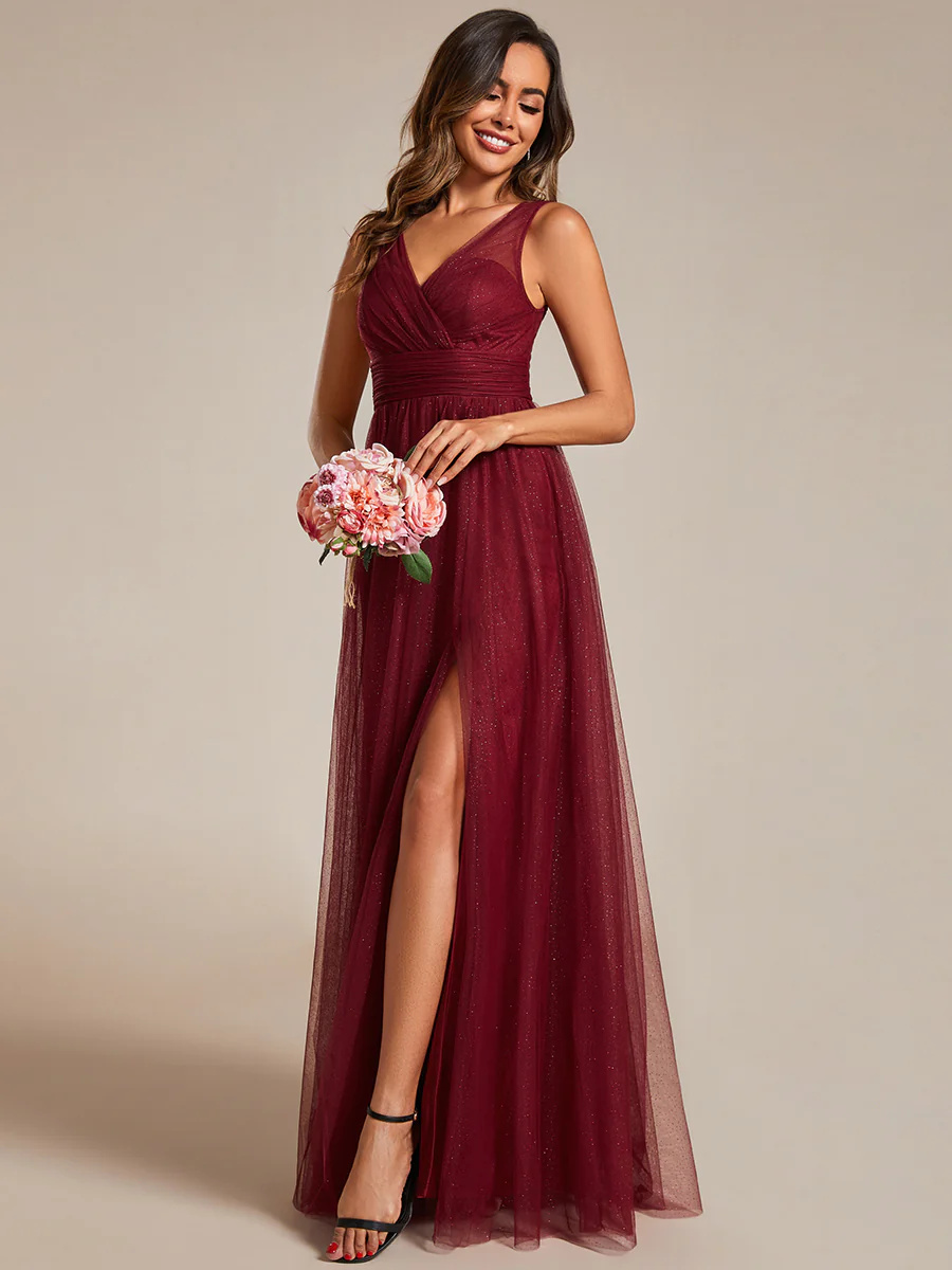 V-neck Spaghetti Strap Sequin Hollow Bridesmaid Dress #EMESS0014