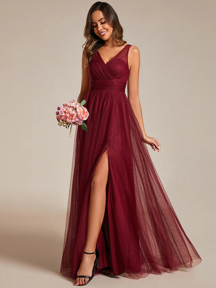 V-neck Spaghetti Strap Sequin Hollow Bridesmaid Dress #EMESS0014